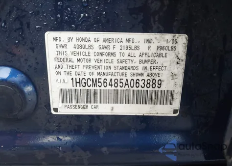 2005 Honda Accord 2.4 Lx z USA, uszkodzony, nr VIN 1HGCM56485A063889
